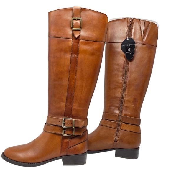 INC Riding Boots Cognac‎ genuine Leather Buckle Zip Women 5M equestrian style - Picture 3 of 8
